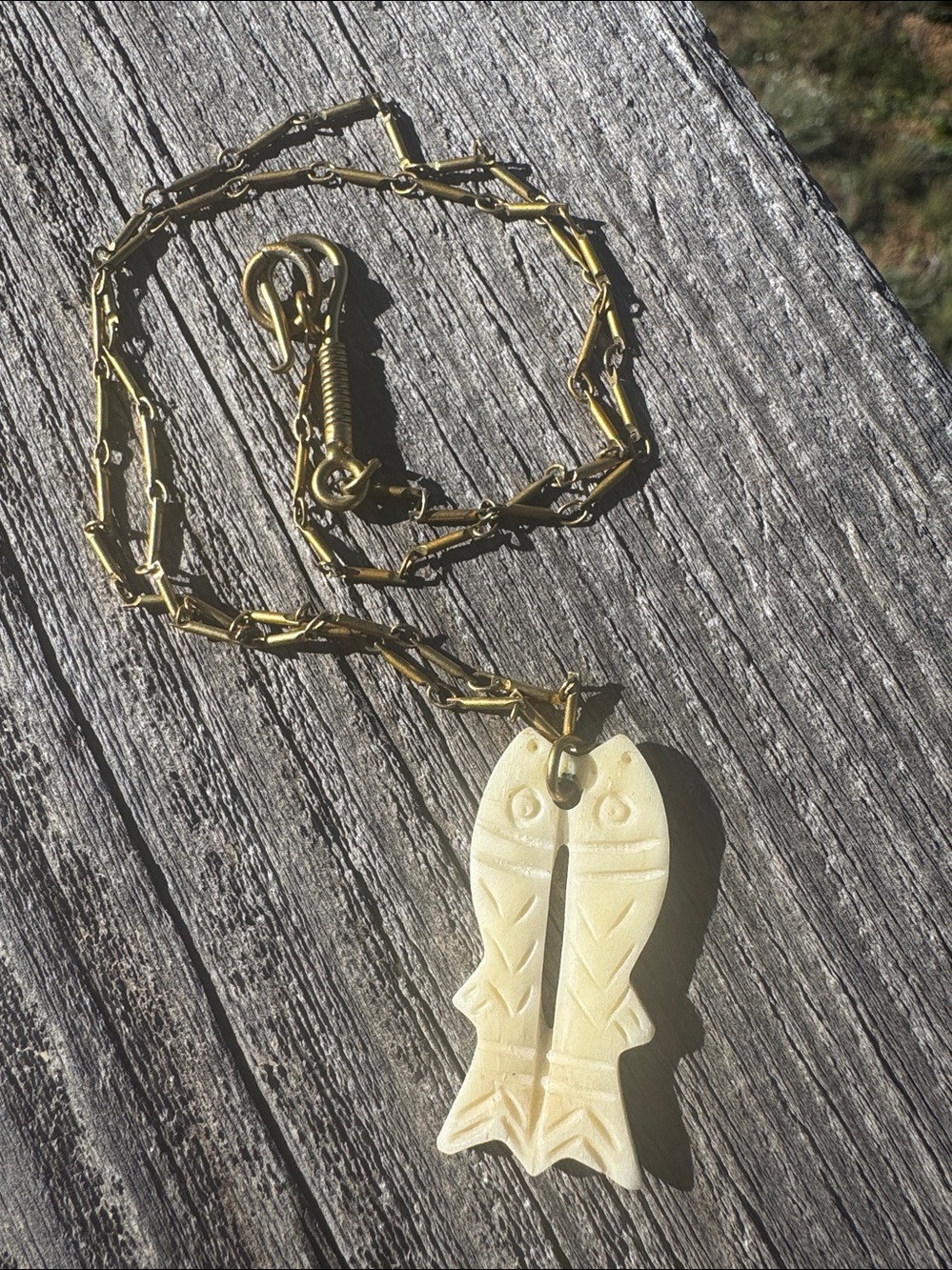 Vintage Hand-Carved Bone Double Fish Pisces Brass-Tone Necklace Boho